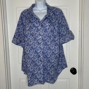 St. John's Bay Women's Blue Floral Button-Up Shirt 3/4 Roll-Up Sleeves - 2X NWOT